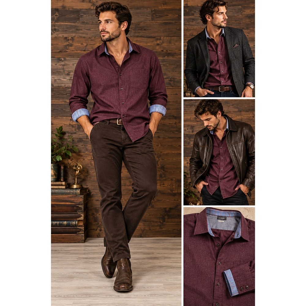 Van Heusen XL Button Down Shirt Burgundy Plaid Trim Classic Fit Dark Academia